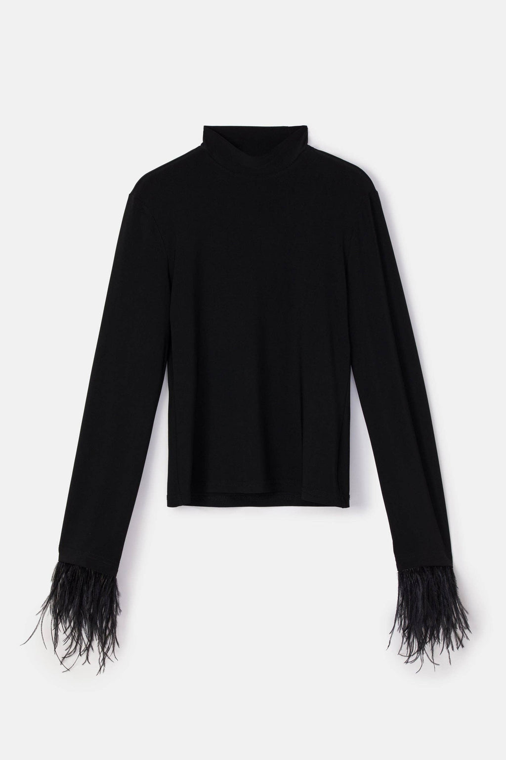 High-neck bodysuit with feather cuffs – elegant black