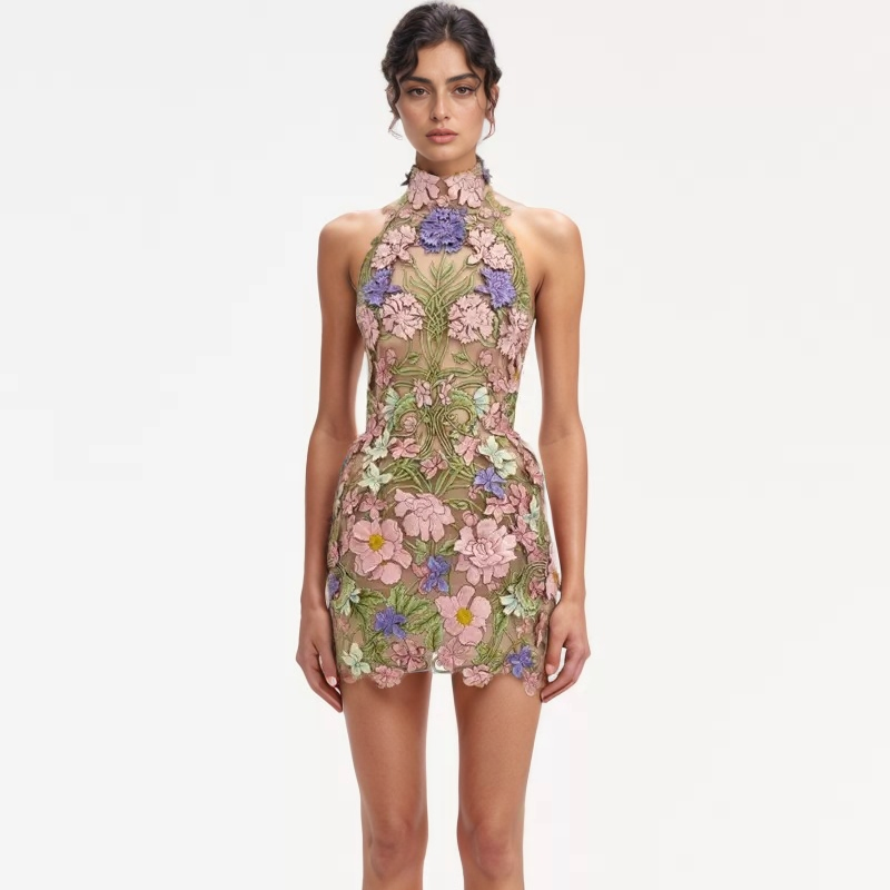 Robe Mini Transparente Élégante Sans Manches à Broderie Florale