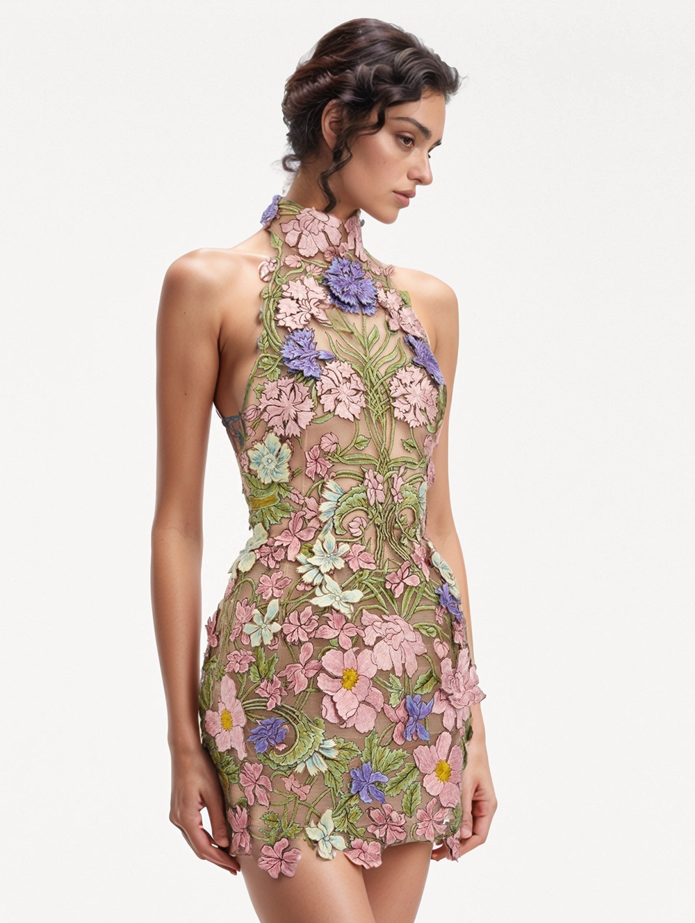 Robe Mini Transparente Élégante Sans Manches à Broderie Florale