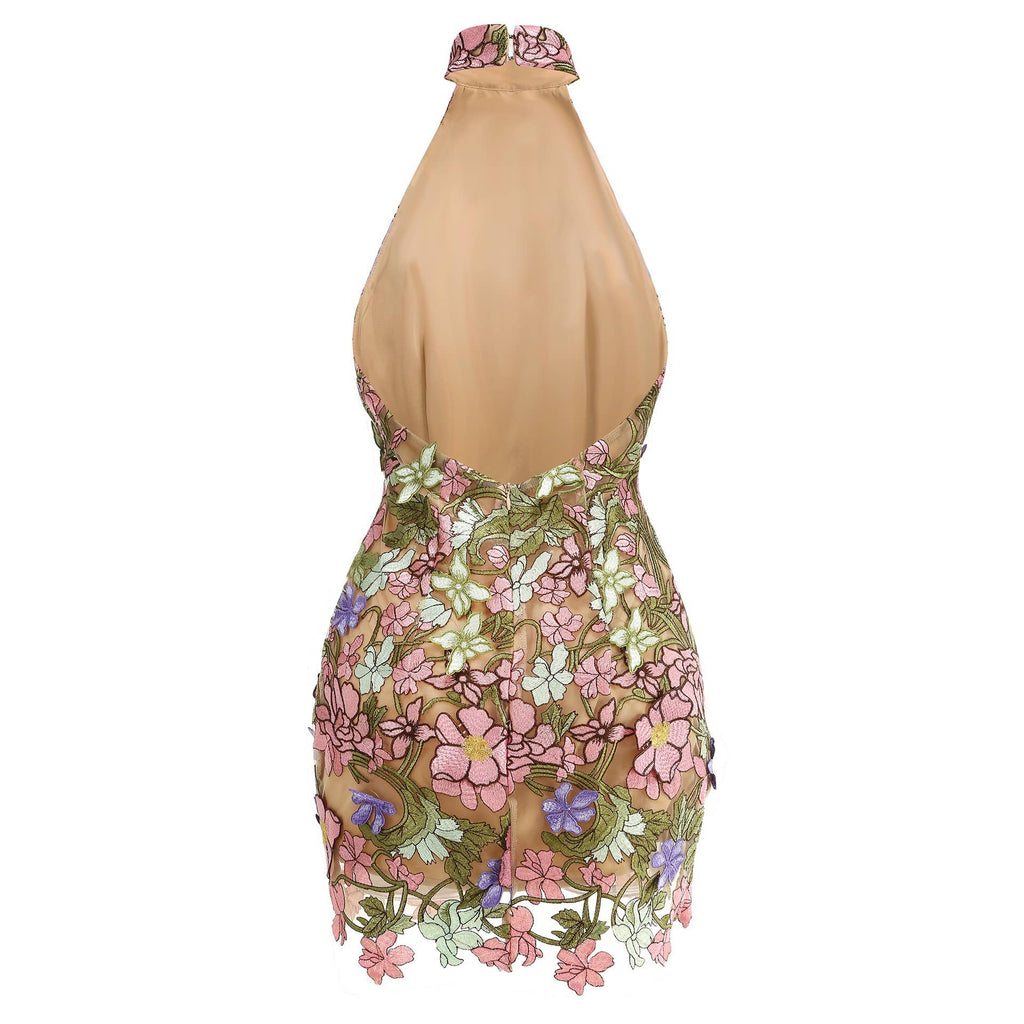 Robe Mini Transparente Élégante Sans Manches à Broderie Florale