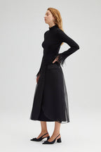 High-neck bodysuit with feather cuffs – elegant black