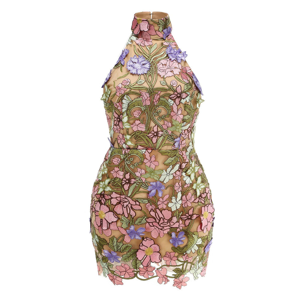 Robe Mini Transparente Élégante Sans Manches à Broderie Florale